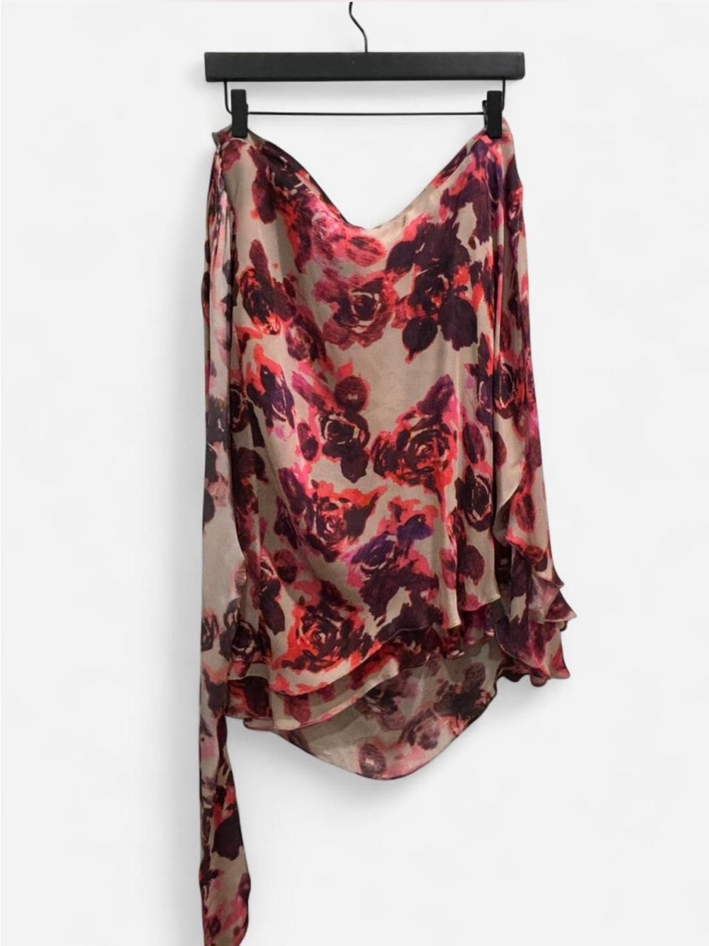 Haute Hippie Floral Asymmetrical Satin Skirt in Pink, Purple and Cream